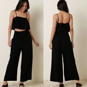 Smocking Detail Black Tank And Wide Leg Pants Set, size Large